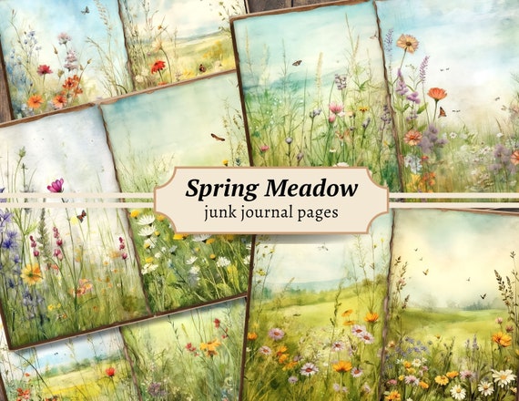 Spring Meadow Junk Journal Pages, Digital Wildflower Scrapbook Paper Kit, Floral Printable, Flower Collage Sheet, Summer Watercolor Download