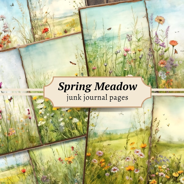 Spring Meadow Junk Journal Pages, Digital Wildflower Scrapbook Paper Kit, Floral Printable, Flower Collage Sheet, Summer Watercolor Download