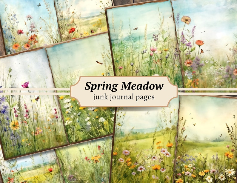 May include: A selection of watercolour junk journal pages depicting spring meadow scenes. The pages show colourful wildflowers in a field with butterflies and a soft blue sky. The text "Spring Meadow junk journal pages" is visible.