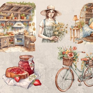 Może przedstawiać: Aquarela przedstawiająca vintage'ową kuchnię, kobietę trzymającą bukiet kwiat&oacute;w, wiklinowe krzesło z poduszką i rower z koszykiem pełnym kwiat&oacute;w. Kuchnia ma drewniany blat, kuchenkę i okno z widokiem na ogr&oacute;d. Kobieta ma na sobie niebieską sukienkę i słomkowy kapelusz. Wiklinowe krzesło znajduje się w pokoju z regałem na książki i lampą. Rower jest niebieski i ma koszyk pełen kwiat&oacute;w.