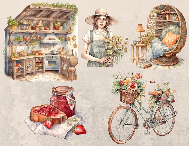 Może przedstawiać: Aquarela przedstawiająca vintage'ową kuchnię, kobietę trzymającą bukiet kwiat&oacute;w, wiklinowe krzesło z poduszką i rower z koszykiem pełnym kwiat&oacute;w. Kuchnia ma drewniany blat, kuchenkę i okno z widokiem na ogr&oacute;d. Kobieta ma na sobie niebieską sukienkę i słomkowy kapelusz. Wiklinowe krzesło znajduje się w pokoju z regałem na książki i lampą. Rower jest niebieski i ma koszyk pełen kwiat&oacute;w.