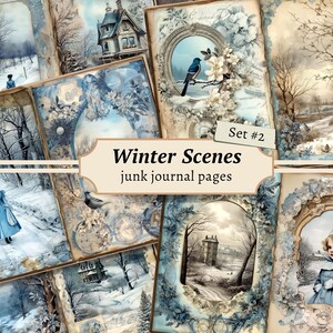 Pages de journal indésirable de scènes d'hiver, kit de papier de scrapbooking numérique, forêt enneigée imprimable, feuille de collage de neige, éphémères vintage, téléchargement créatif