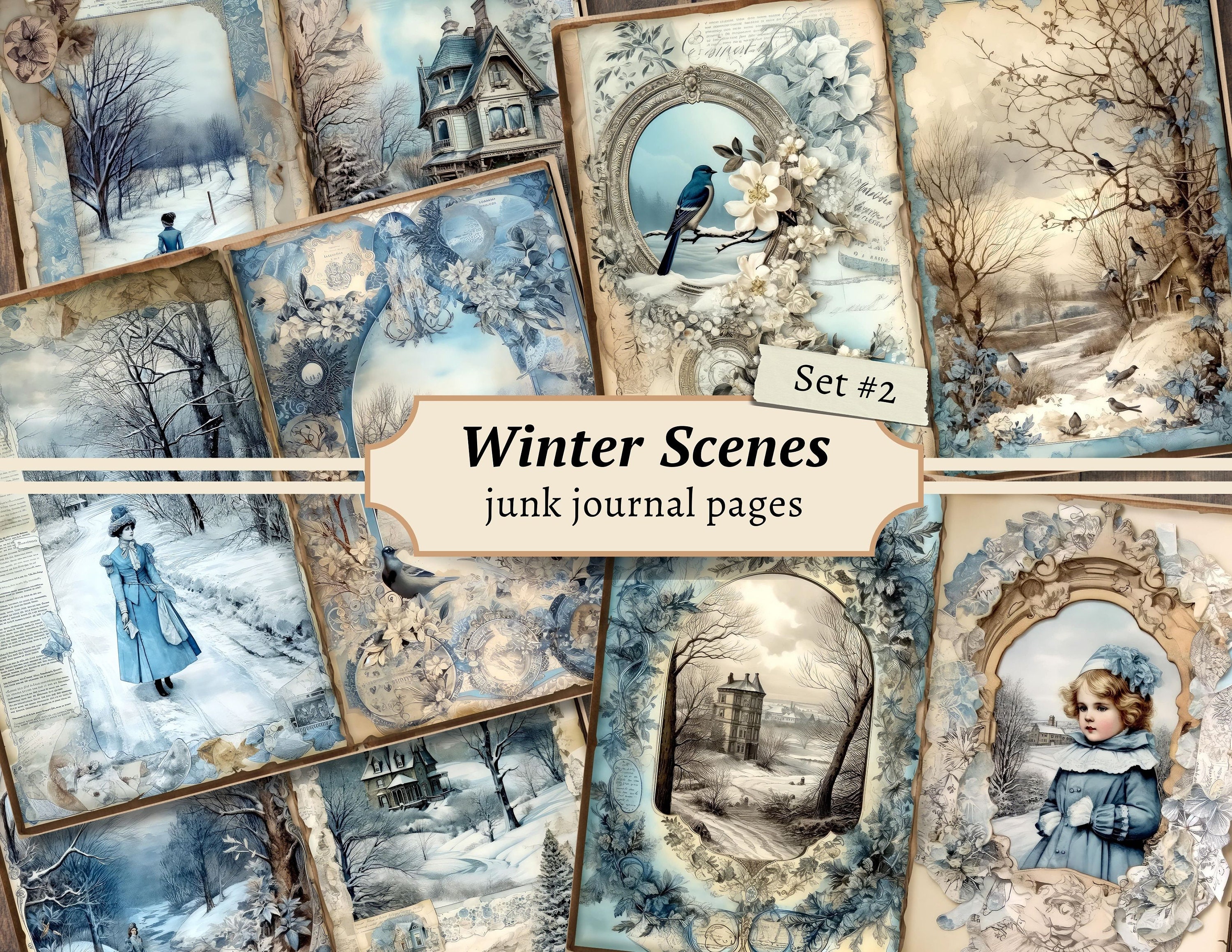 Winter Scenes Junk Journal Pages, Digital Scrapbook Paper Kit, Snowy ...