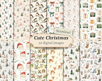 May include: A set of 20 digital seamless patterns featuring cute Christmas illustrations. The patterns include images of trees, presents, reindeer, Santa Claus, birds, and more. The patterns are perfect for creating festive crafts, wrapping paper, and other holiday projects.