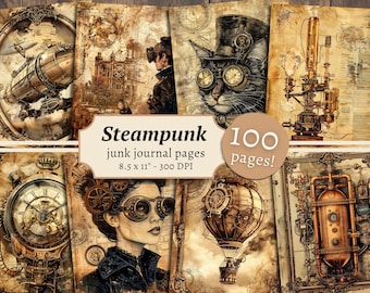 Steampunk Junk Journal Pages, digitaal plakboek, Victoriaans afdrukbaar, industrieel mechanisch, grunge achtergronden, vintage collageblad