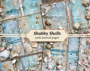 Shabby Shells Junk Journal Pages, Digital Scrapbook Paper Kit, Coastal Printable, Vintage Beach Collage Sheet, Nautical Seashell, Seaside