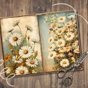 May include: A vintage-style image of two pages from a book, each featuring a bouquet of white daisies with yellow centers. The pages are textured and have a faded, antique look. The image is set against a woodgrain background.
