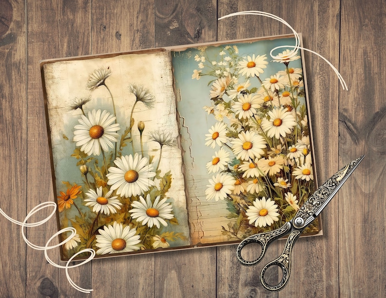 May include: A vintage-style image of two pages from a book, each featuring a bouquet of white daisies with yellow centers. The pages are textured and have a faded, antique look. The image is set against a woodgrain background.