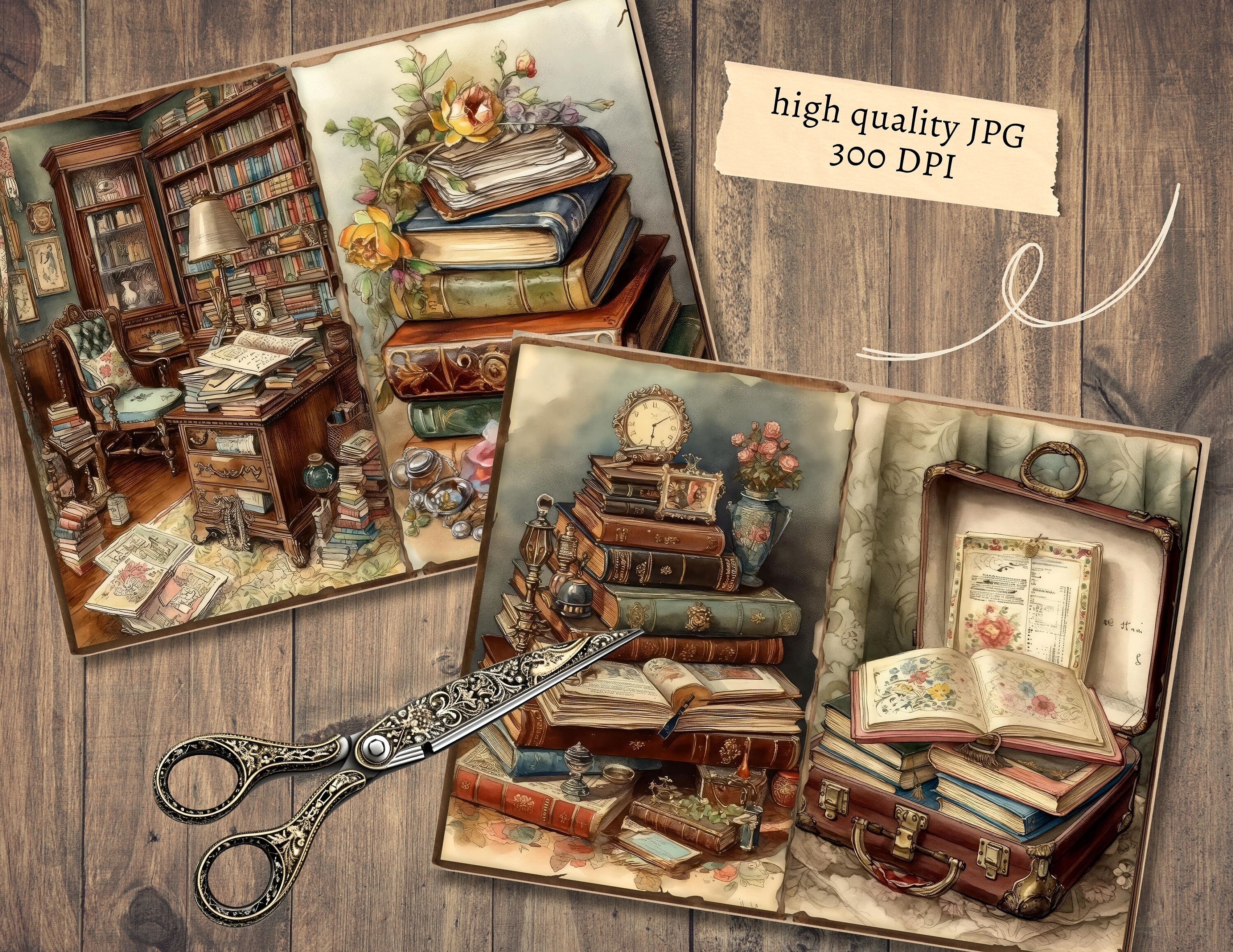 Vintage Books Junk Journal Pages, Digital Scrapbook Paper Kit ...