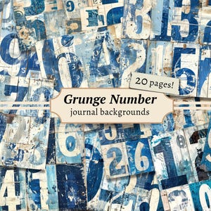 Grunge-nummerachtergronden, getextureerde ongewenste dagboekpagina's, digitale plakboekkit, afdrukbare gemengde media, collageblad, vintage ephemera