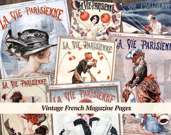 Páginas de revistas francesas antiguas, kit de 7 piezas para diario basura de Francia, efímeras de París imprimibles, hojas de collage digital, manualidades con álbumes de recortes, impresiones artísticas
