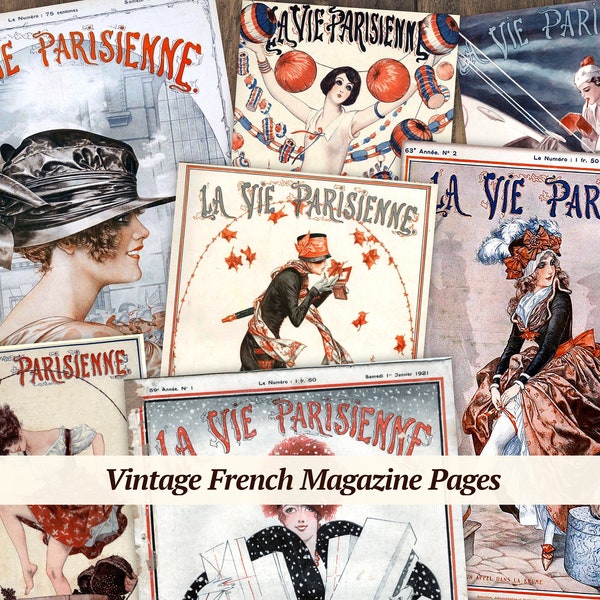 Vintage French Magazine Pages | 7 pc | France junk journal kit, printable Paris ephemera, digital collage sheet, scrapbook crafts, art print