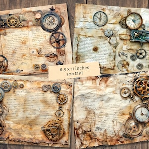 Pu&ograve; includere: Quattro sfondi di carta digitale con parti di orologi vintage, ingranaggi e testo scritto a mano su uno sfondo di carta testurizzato e invecchiato. Le carte sono in tonalit&agrave; di marrone, beige e crema.