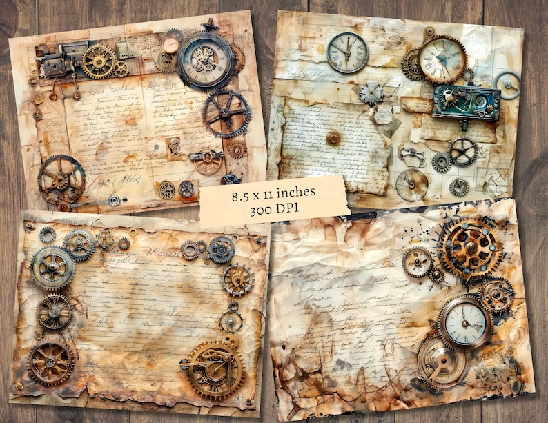 Pu&ograve; includere: Quattro sfondi di carta digitale con parti di orologi vintage, ingranaggi e testo scritto a mano su uno sfondo di carta testurizzato e invecchiato. Le carte sono in tonalit&agrave; di marrone, beige e crema.