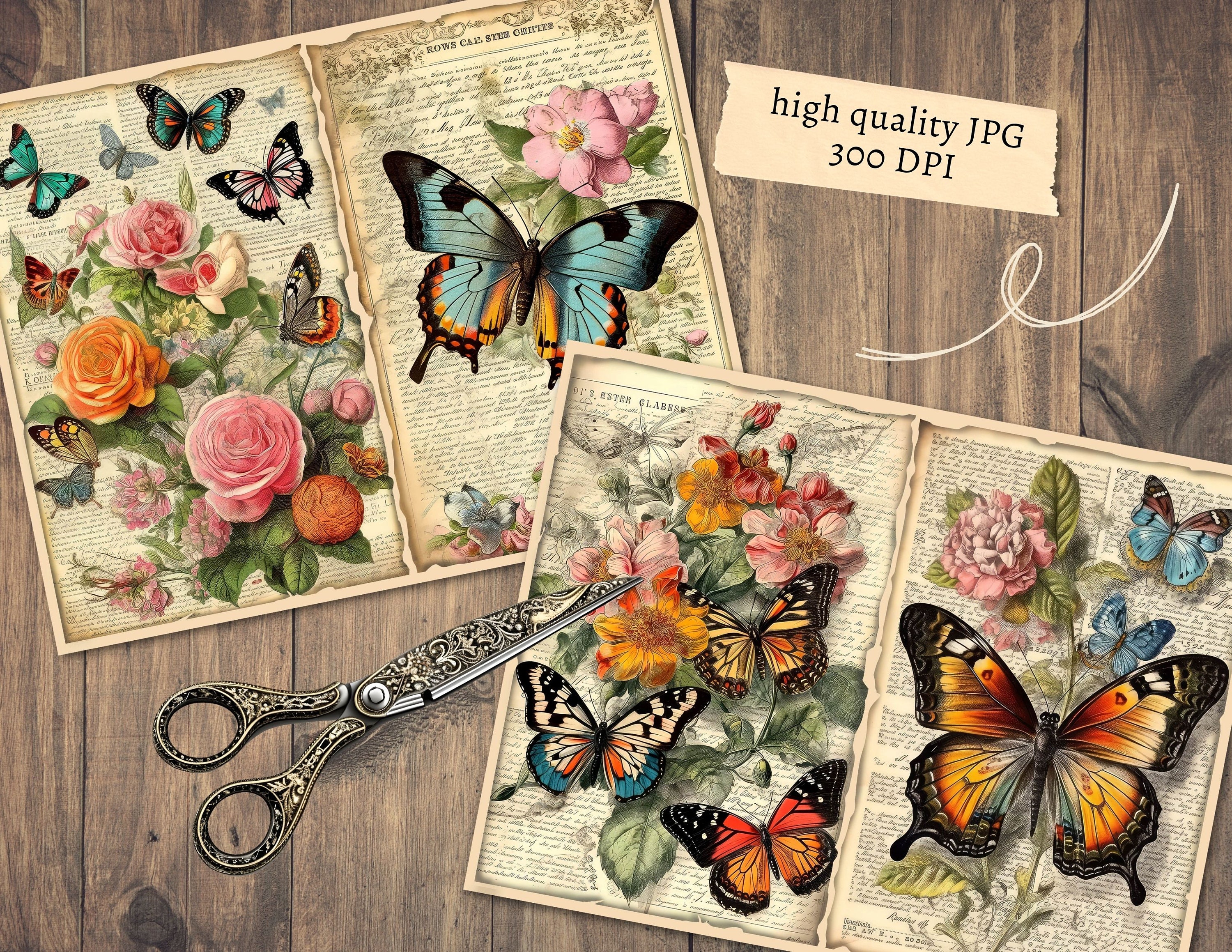 Vintage Butterfly Junk Journal Pages, Digital Floral Scrapbook Paper ...