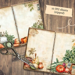 May include: Two open vintage-style journal pages with watercolor illustrations of vegetables and herbs. A pair of ornate scissors rests on the pages. The text "10 JPG sheets (zipped)" is on a tan banner.