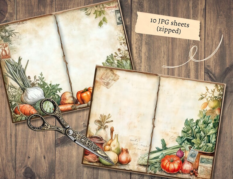 May include: Two open vintage-style journal pages with watercolor illustrations of vegetables and herbs. A pair of ornate scissors rests on the pages. The text "10 JPG sheets (zipped)" is on a tan banner.