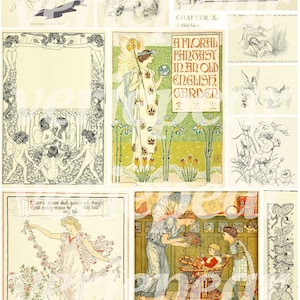 Puede incluir: Un collage de ilustraciones vintage con hadas, flores y jardines. Las im&aacute;genes est&aacute;n en un estilo caprichoso con l&iacute;neas delicadas y colores suaves. El texto de la imagen dice "A Floral Fantasy in an Old English Garden".