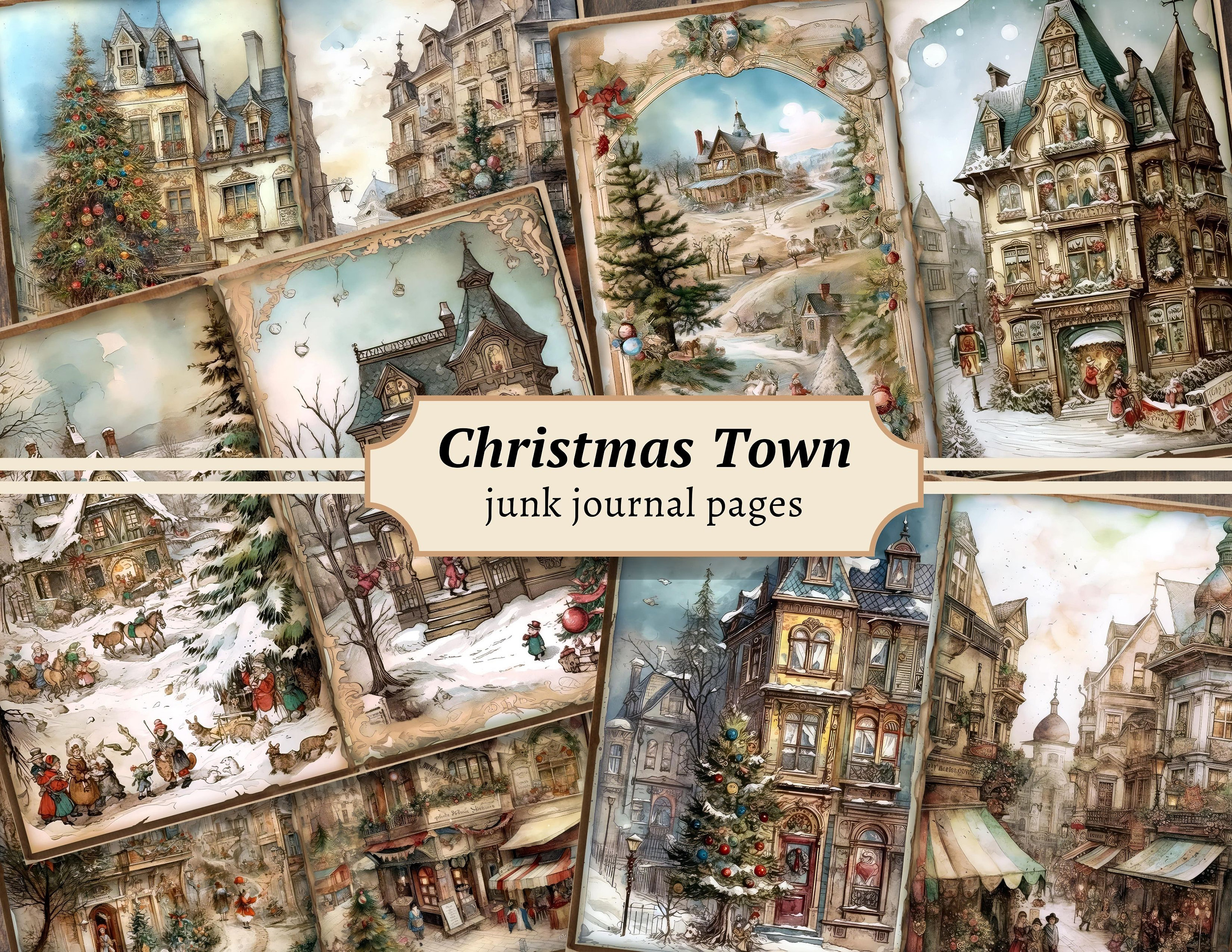 Christmas Town Junk Journal Pages, Digital Scrapbook Paper Kit, Holiday Printable, Winter Collage Sheet, Vintage Ephemera, Festive Village