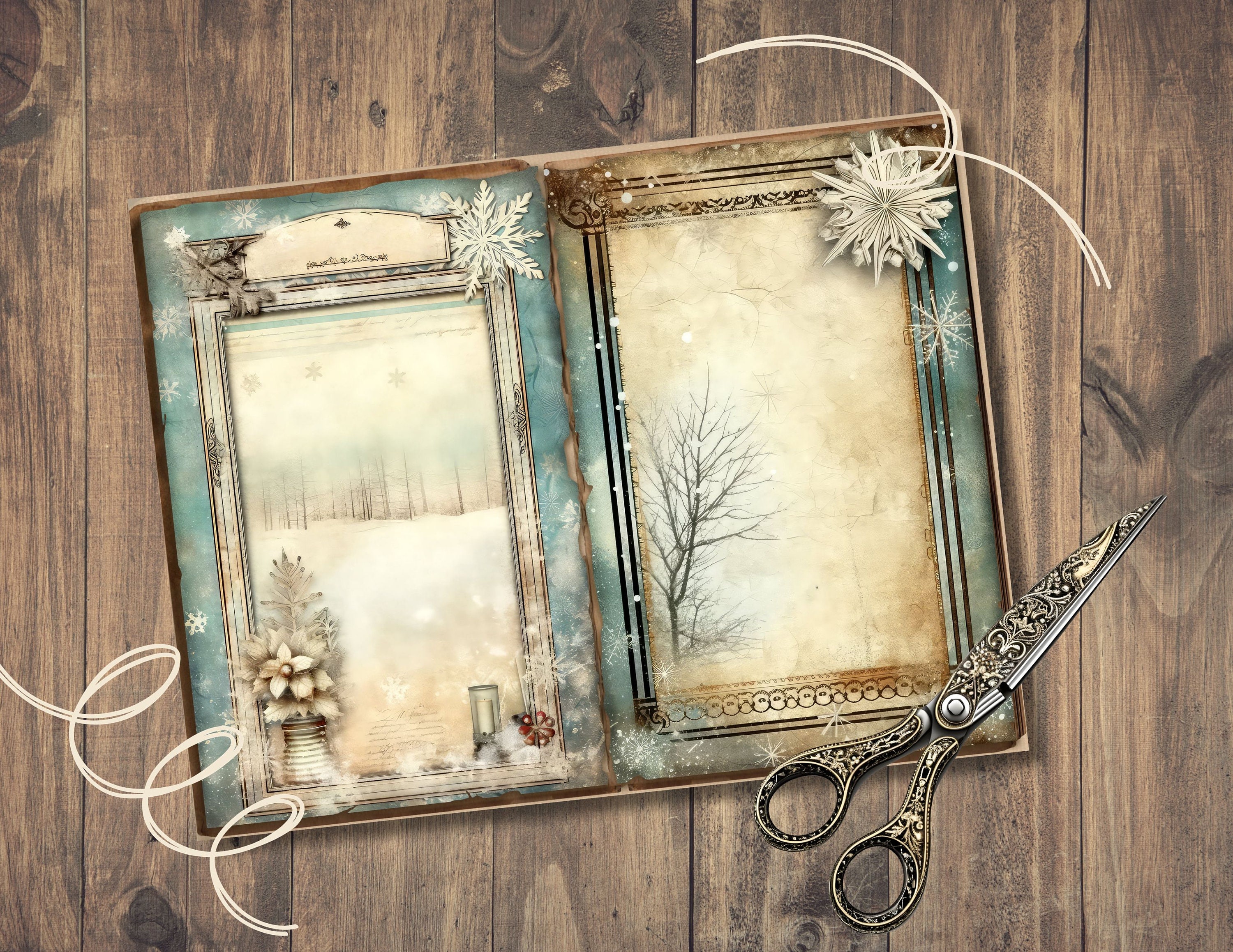 Snowy Border Junk Journal Pages, Digital Scrapbook Paper Kit, Winter ...