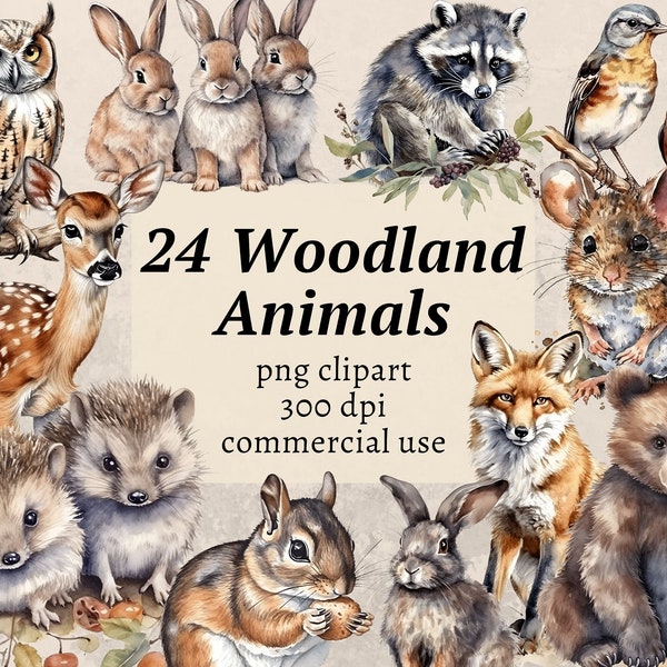 Woodland Animals Watercolor Clipart, Vintage Forest Animals PNG, Digital Fox Bear Bunny Deer Hedgehog Squirrel Owl Clip Art, Commercial Use