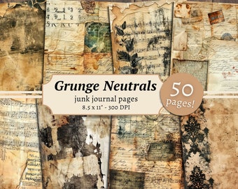 Grunge Neutrals Junk Journal Pages, Digital Scrapbook Kit, Distressed Paper Printable, Vintage Ephemera, Grungy Backgrounds, Collage Sheet
