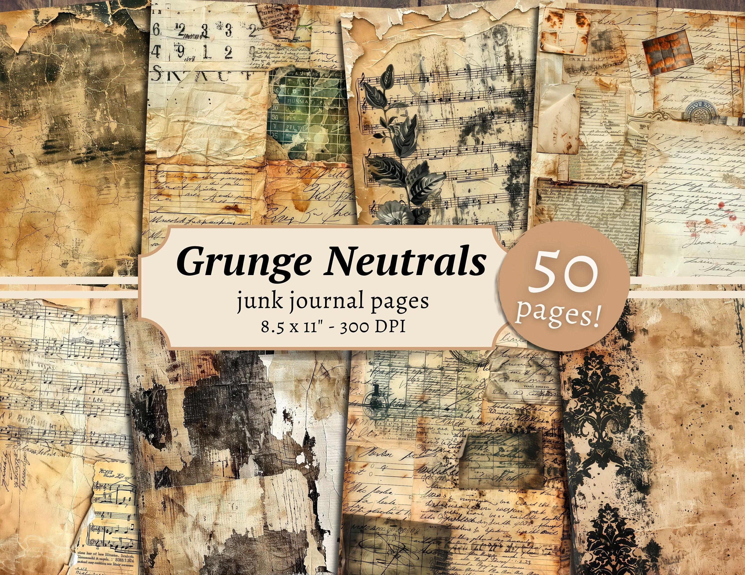 Grunge Neutrals Junk Journal Pages, Digital Scrapbook Kit, Distressed Paper Printable, Vintage Ephemera, Grungy Backgrounds, Collage Sheet