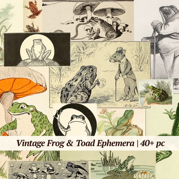 Vintage Frog Ephemera Kit | 40+ pc | toad junk journal paper, trade card ATC tags, printable collage sheet, digital fairy tale scrapbook art