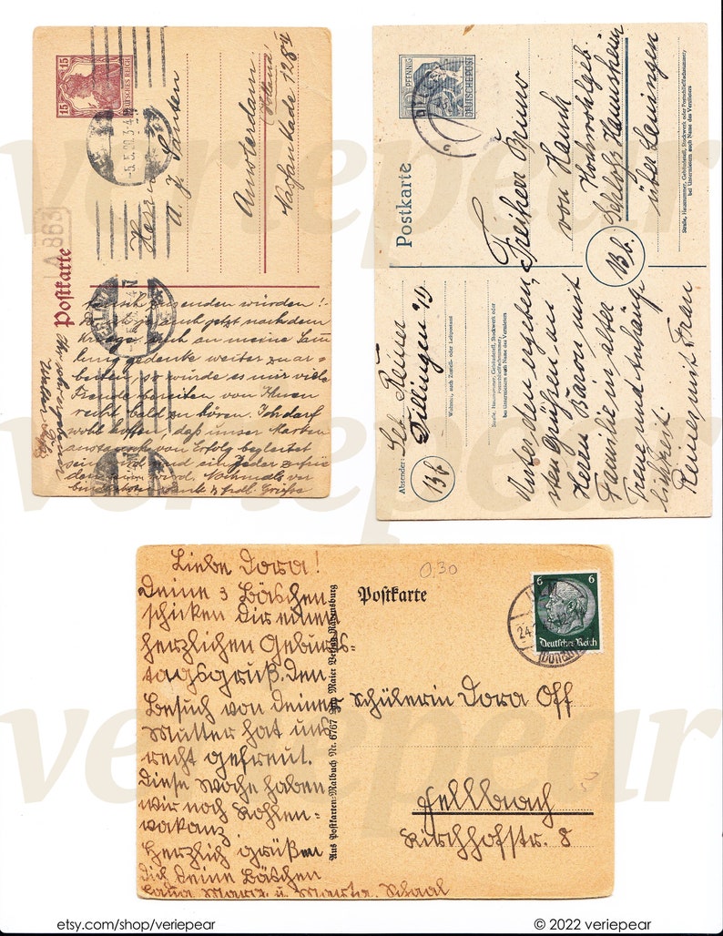 May include: Three vintage postcards with handwritten messages in German. The postcards are yellowed with age and have stamps and postmarks. The text on the postcards includes greetings, addresses, and dates.
