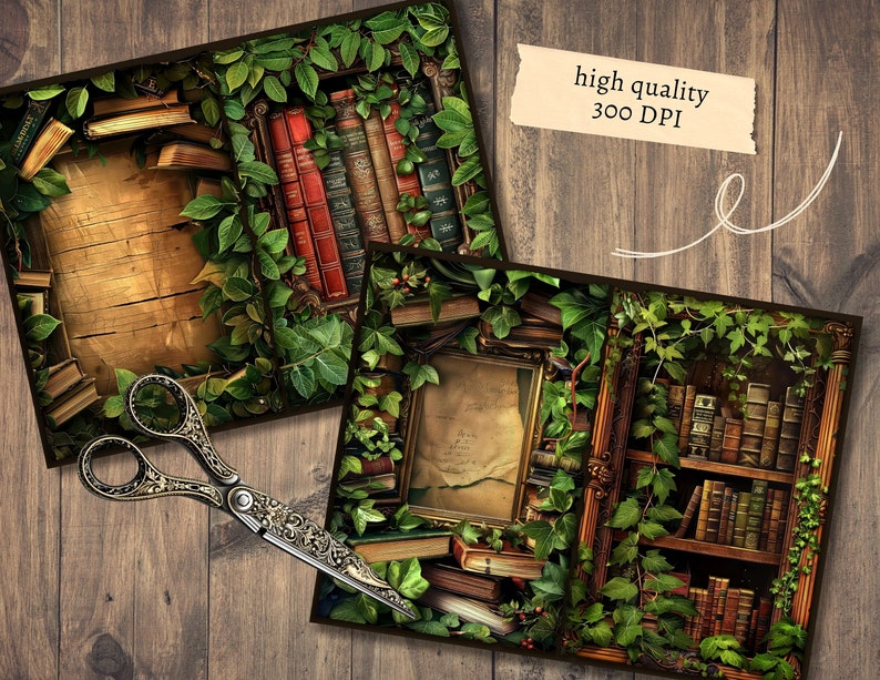 Books & Leaves Junk Journal Pages, Digital Scrapbook Paper Kit, Library ...