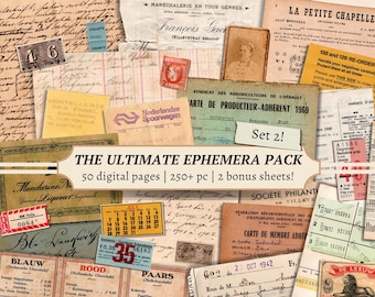 Vintage Junk Journal Ephemera Pack | SET 2 | printable collage sheet, digital scrapbook kit, ledger pages, postcards, handwritten letters