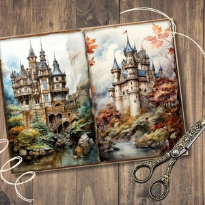 May include: Two watercolour paintings of castles in a woodland setting. The left painting shows a castle with a tower and a bridge. The right painting shows a castle with a tower and a river.