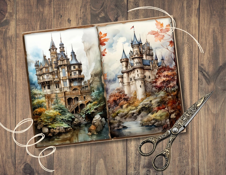 May include: Two watercolour paintings of castles in a woodland setting. The left painting shows a castle with a tower and a bridge. The right painting shows a castle with a tower and a river.