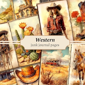 Pagine del diario spazzatura occidentale, kit di carta per album digitale, cavallo stampabile, foglio di collage da cowboy, oggetti effimeri vintage, download di cowgirl prairie