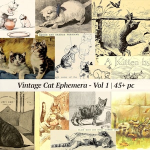 éphémères chat vintage | 45 pièces et plus | Vol 1 | papier journal imprimable indésirable, images numériques de chaton, feuille de collage, ATC de chat victorien, kit de scrapbooking