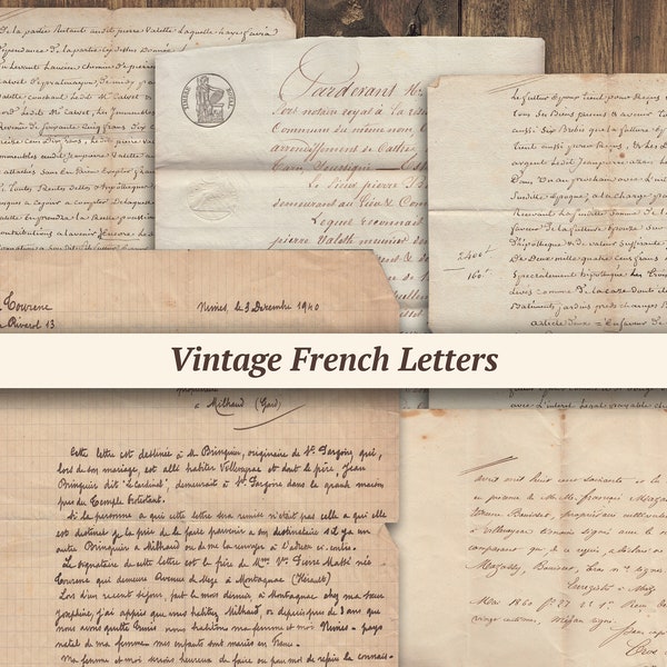 Lettres françaises vintage | fournitures imprimables pour journaux indésirables, notes manuscrites numériques, documents éphémères anciens, papier de scrapbooking, feuille de collage de script