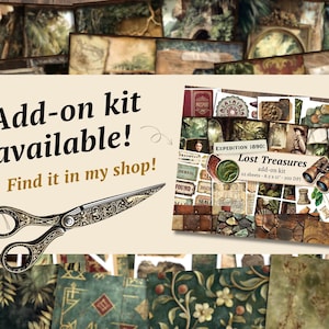 Może przedstawiać: Zestaw do scrapbookingu w stylu vintage z tekstem "Lost Treasures" i "Add-on kit available! Find it in my shop!". Zestaw zawiera r&oacute;żne arkusze papieru, lornetkę i elementy dekoracyjne.