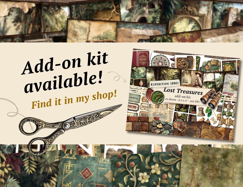 Może przedstawiać: Zestaw do scrapbookingu w stylu vintage z tekstem "Lost Treasures" i "Add-on kit available! Find it in my shop!". Zestaw zawiera r&oacute;żne arkusze papieru, lornetkę i elementy dekoracyjne.