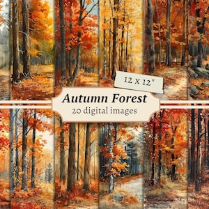 Papeles digitales de bosque otoñal, página de diario basura, kit de álbum de recortes de bosques, paisaje de otoño imprimible, descarga para hacer tarjetas, fondo de bosques