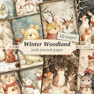 Pages de carnet de bordel de forêt d'hiver, album numérique, kit de papier d'animaux mignons, neige imprimable, éphémères vintage, feuille de collage de Noël