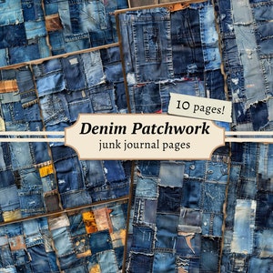 以下が含まれることがあります： ジャンクジャーナリング用のデニムパッチワークペーパー10ページ。紙はさまざまな青色のデニム生地で作られており、一部には目に見えるステッチやほつれがあります。