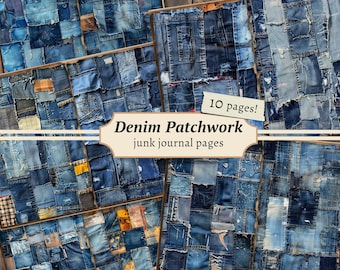 Denim Patchwork Junk Journal Pages, Digital Scrapbook Paper Kit, Denim Printable, Fabric Scraps Collage Sheet, Vintage Textile Background