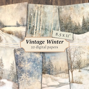 Vintage digitale winterpapieren, plakboekkit, afdrukbaar winterbos, ongewenste dagboekpagina, sneeuwcollagevel, Winter Wonderland-kaarten maken
