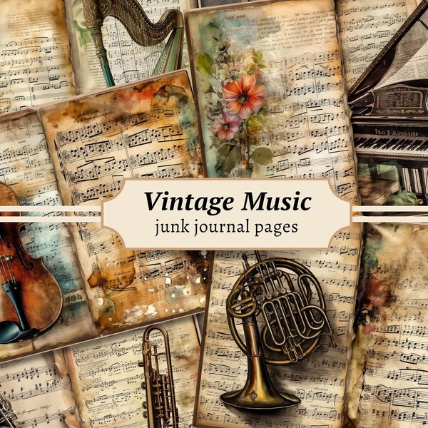 Vintage Music Junk Journal Pages, Digital Scrapbook Paper Kit, Musical Instruments Printable, Collage Sheet, Sheet Music Ephemera, Old Piano