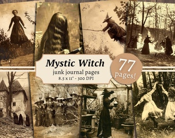 May include: A collage of vintage images featuring witches, a witch's cottage, and other mystical elements. The text "Mystic Witch" and "77 pages!" is included in the image.