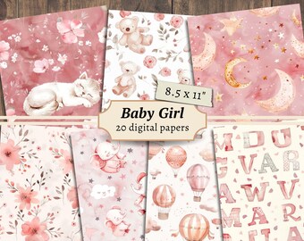 Puede incluir: Un conjunto de 20 papeles digitales con temática de niña. Los papeles incluyen ilustraciones de animales, flores, estrellas, letras y globos en colores rosa, blanco y gris. Los papeles miden 8,5 x 11 pulgadas.