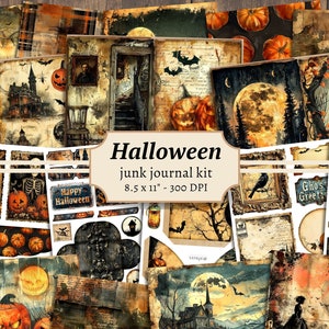 Halloween-junkdagboekkit, digitaal plakboek, griezelig afdrukbaar, halloweenpagina's, collagevel, vintage ephemera, pompoenkaarten, tags
