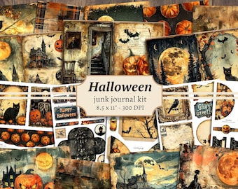 Halloween Junk Journal Kit, Digital Scrapbook Paper, Creepy Printable, Halloween Pages, Collage Sheet, Vintage Ephemera, Pumpkin Cards, Tags
