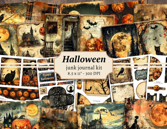 Halloween Junk Journal Kit, Digital Scrapbook Paper, Creepy Printable, Halloween Pages, Collage Sheet, Vintage Ephemera, Pumpkin Cards, Tags