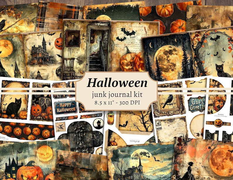 Może przedstawiać: Zestaw cyfrowych kolaży o tematyce Halloween. Zestaw zawiera obrazy dyni, nietoperzy, duch&oacute;w, szkielet&oacute;w i innych strasznych element&oacute;w. Zestaw idealnie nadaje się do tworzenia rękodzieła, kartek i stron scrapbookingu o tematyce Halloween. Zestaw ma rozmiar 8,5 x 11 cali i 300 DPI.
